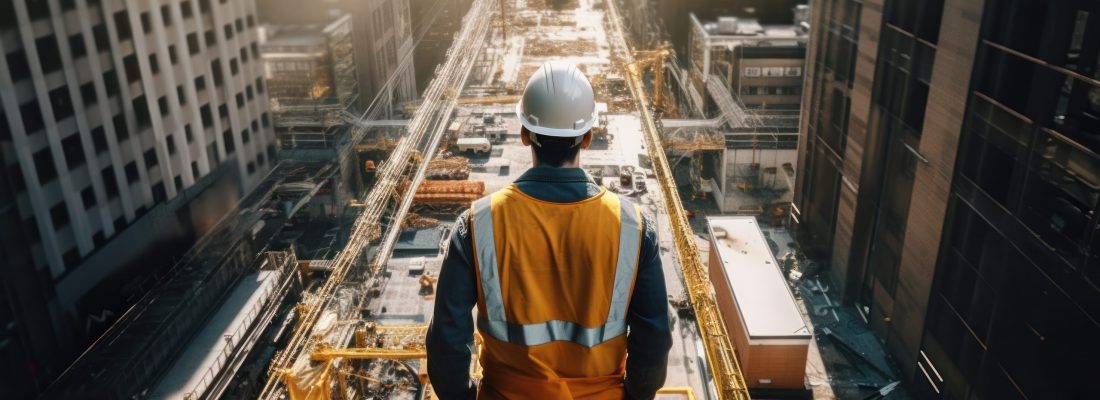 a construction worker is standing in a city.
