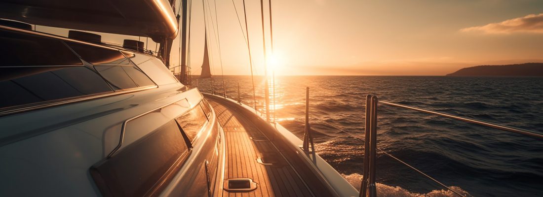 Luxury yacht sails at dusk, transporting passengers on romantic vacations generated by artificial intelligence