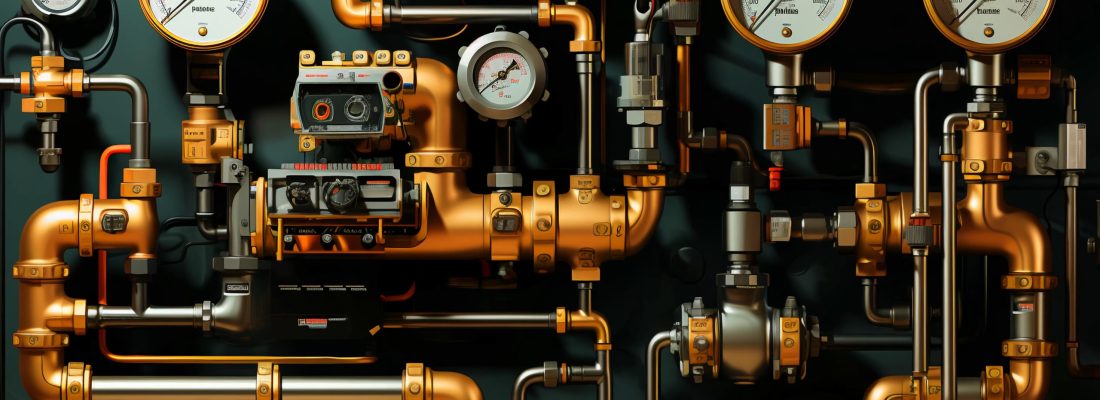 Modern chemical industrial equipment, pipelines with valves for pumping liquids of oil, gasoline and diesel at an oil refinery petrochemical plant. AI generated.