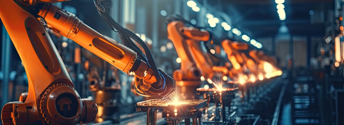 Robotic arms in a car plant at line  factory , Generative AI .