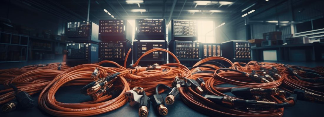 A collection of wiring harnesses with an automobile industry theme, placed against a wide-angle